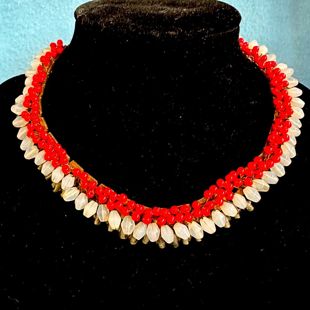 Vintage Beaded Choker Necklace “moonstone”, red “coral”, “topaz” colored beads